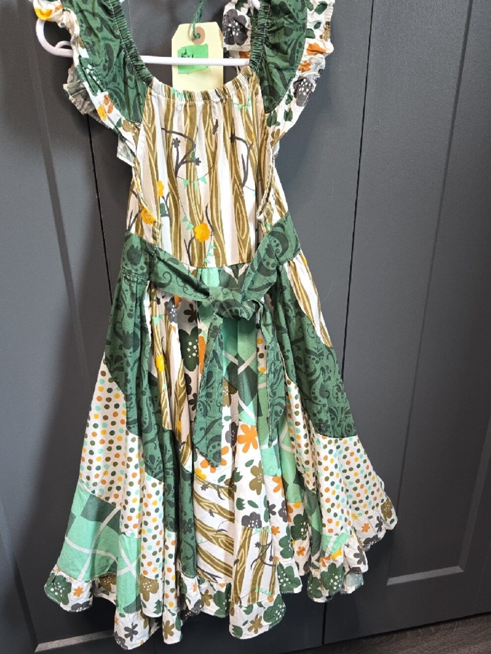 Jelly The Pug Green and White Patchwork Floral Tiered Dress - Picture 2 of 3